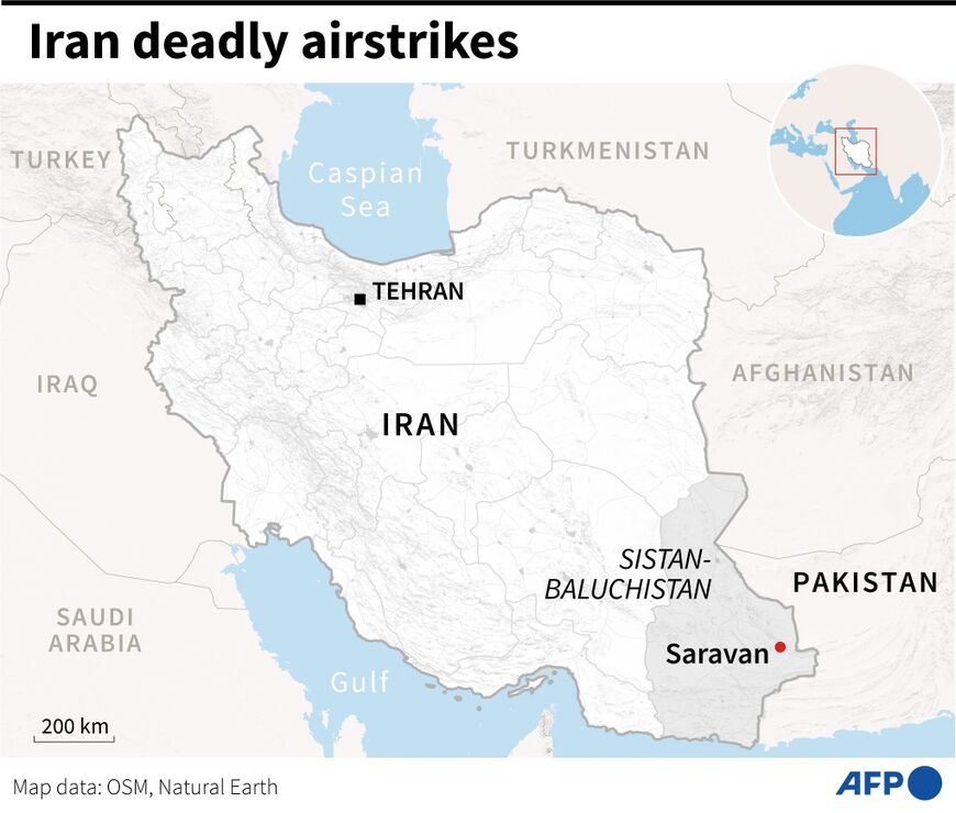 Map of Iran locating Saravan in Sistan-Baluchistan province, near where Pakistan conducted strikes on Thursday