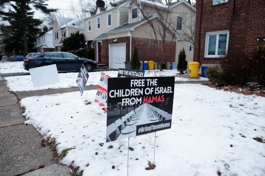 A yard poster before a house in Teaneck, New Jersey, which has one of the New York area's highest Jewish populations but also a sizable Muslim community